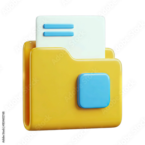 3D Render of a Yellow Folder with a Blue Document Icon and White Paper Inside on a Transparent Background Displaying Data Organization and Storage Concept