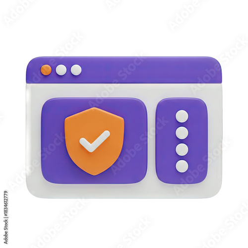 3D Render of a Purple and White Web Browser Interface Featuring an Orange Shield Icon with a White Checkmark Symbol Against a Transparent Background