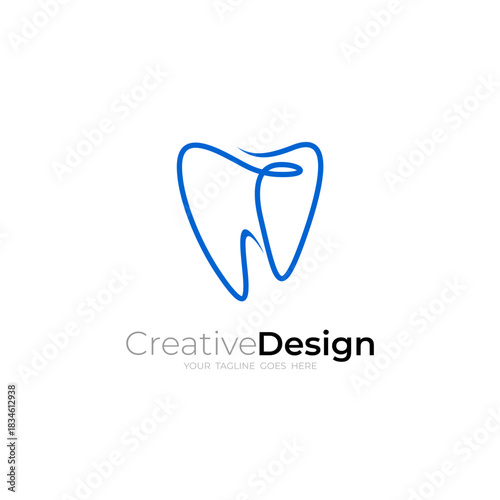 simple dental logo design vector with line style in blue color