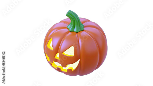 A Glowing Jack O Lantern Pumpkin with a Carved Spooky Face and Green Stem on a Transparent Background Ready for Halloween Celebrations