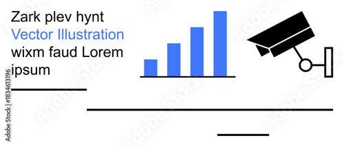 Security systems, data analysis, corporate monitoring, surveillance technology, business trends, digital protection. A bar chart and a surveillance camera. Security systems and data analysis concepts