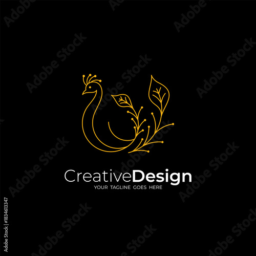 luxury peacock logo design vector with line style in gold color