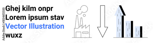 Economic analysis, industrial decline, financial trends, pollution impact, business growth, market performance. Factory emitting smoke beside a downward arrow and bar graph. Industrial decline