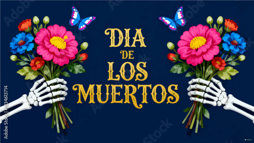 vector skeletons holding flowers with text dia de los muertos