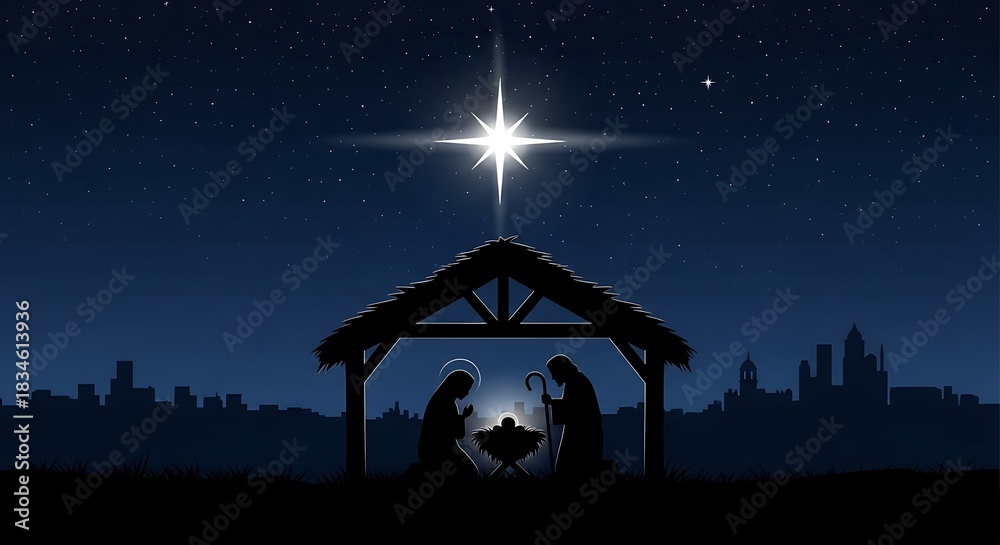 Fototapeta premium The Nativity Silhouette Vector: Holy Family in Stable, Starry Night, Jesus Birth, Mary, Joseph, and Bethlehem. Christmas Spiritual Digital Illustration