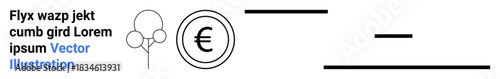 Financial analysis, currency exchange, savings, economic growth, investment strategy, wealth management. Euro coin symbol with abstract lines and tree outline. Financial analysis and currency