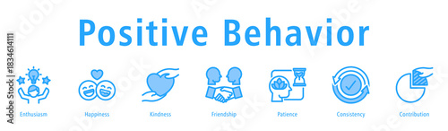 Positive behavior icon vector concept featuring enthusiasm, kindness, happiness, patience, consistency, and supportive actions.