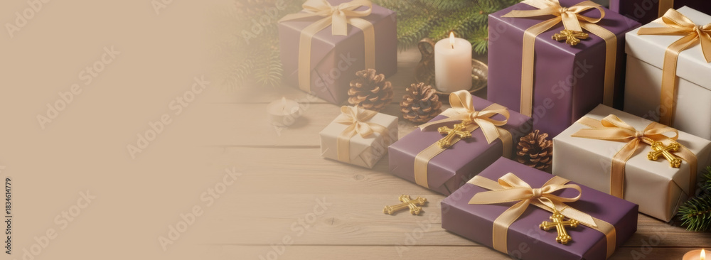 Obraz premium Many Christmas gift box with golden cross. Epiphany gift background element for holiday season design. Tradition of presentation of the three king gift. Banner with copy space