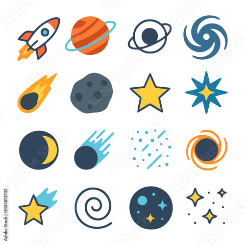 Celestial Exploration: A captivating array of celestial bodies and cosmic elements come together, including planets, rocket, galaxies and stars.