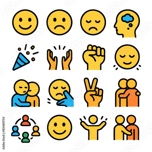 Emotional Palette: A vibrant collection of emotive icons representing a spectrum of human feelings, from joy and camaraderie to concern and introspection.