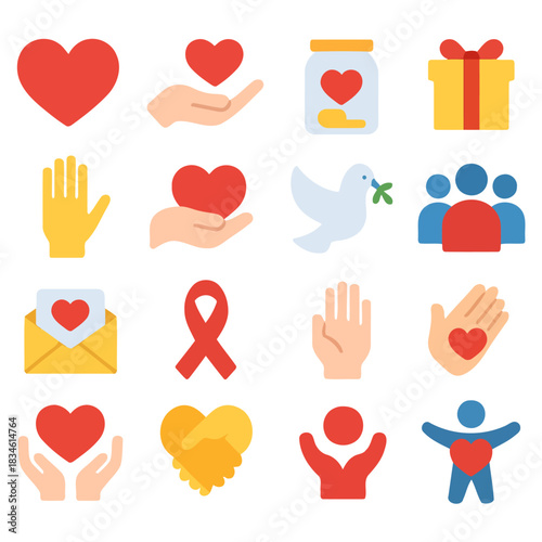 Symbolic Hearts and Humanitarianism: A collection of heartwarming icons representing compassion, love, charity, and giving, embodying the essence of humanitarian aid and generosity.