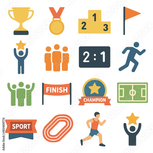 Victory and Glory: A dynamic collection of icons celebrates the spirit of sports and achievement, from medals to the podium.