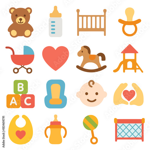 Baby Essentials: A collection of charming illustrations showcasing the fundamental items essential for nurturing and caring for an infant, each one bursting with a vibrant aura.