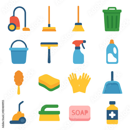 Cleaning Equipment Essentials: An assortment of essential cleaning tools and supplies, artfully arranged to capture the essence of cleanliness and household maintenance. 