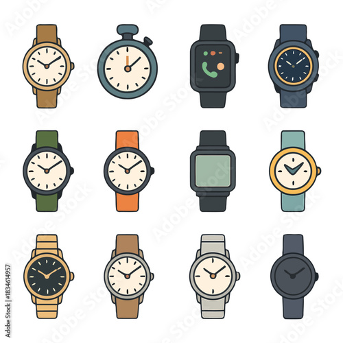 Assortment of Timepieces: A detailed array of timepieces displays a variety of classic wristwatches and modern smartwatches. Each watch exhibits intricate designs.
