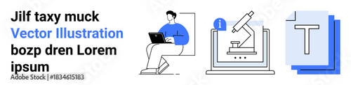 Education, online learning, science, research, content creation, information sharing. A person with a laptop, microscope on-screen and text files. Education and online learning concept