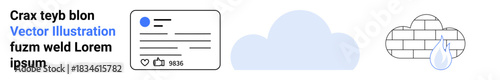 Data management, digital safety, online storage, cybersecurity, communication tools, cloud platforms. Minimal icons show a file, cloud raincloud. Data management and digital safety concept