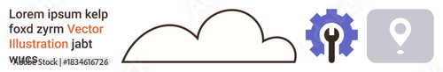 Technology, location tracking, cloud computing, data management, system operations, navigation tools. Outlines of cloud, gear with a wrench and a map pin. Cloud computing and location tracking