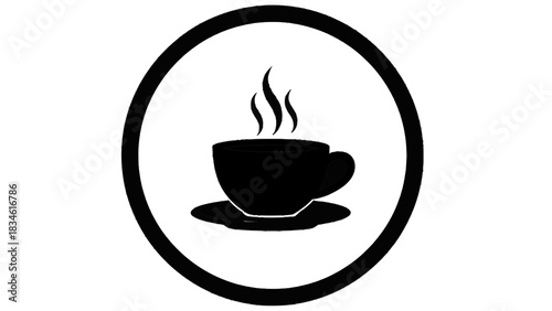 Vector illustration of black and white icon of a steaming hot coffee cup on a saucer isolated on transparent background