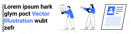 Two people brainstorming with a lightbulb idea and tablet, alongside a personal profile card. Ideal for innovation, teamwork, creativity, collaboration, design, user interface, simple landing page