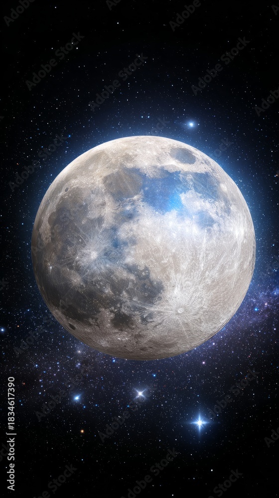 Fototapeta premium planetarium. A full moon glowing brightly against the dark night sky with crisp details. travel magazines, destination branding, designed for travel destination branding.