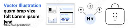 HR management, cybersecurity, data security, workforce analytics, organizational structure, digital safety. HR flowchart with connections, lock symbol and dashboard analytics. HR management