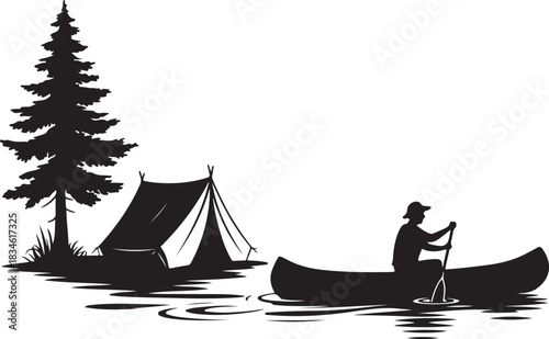 A detailed set of canoe camping vector images featuring outdoor adventure elements such as canoes, paddles, lakes, forests, tents, and mountain scenery.