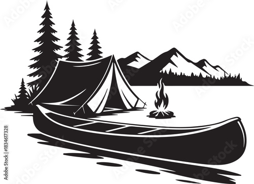 A detailed set of canoe camping vector images featuring outdoor adventure elements such as canoes, paddles, lakes, forests, tents, and mountain scenery.