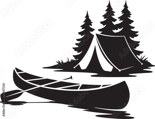 A detailed set of canoe camping vector images featuring outdoor adventure elements such as canoes, paddles, lakes, forests, tents, and mountain scenery.