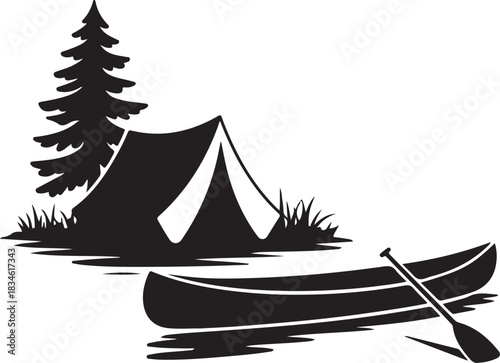 A detailed set of canoe camping vector images featuring outdoor adventure elements such as canoes, paddles, lakes, forests, tents, and mountain scenery.