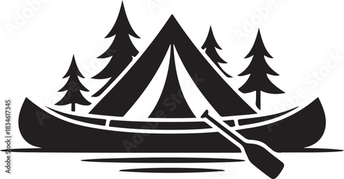 A detailed set of canoe camping vector images featuring outdoor adventure elements such as canoes, paddles, lakes, forests, tents, and mountain scenery.