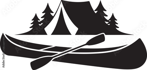 A detailed set of canoe camping vector images featuring outdoor adventure elements such as canoes, paddles, lakes, forests, tents, and mountain scenery.