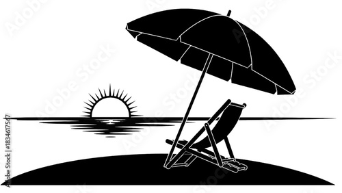 Vector illustration of black and white silhouette of beach chair and umbrella at sunset isolated on transparent background