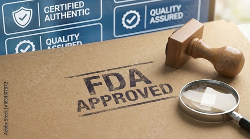'FDA APPROVED' stamped on textured paper, beside a magnifying glass and wooden rubber stamp, symbolizing certification, quality assurance, and regulatory approval