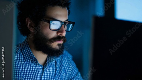 debugging. A focused male programmer in a dark office, illuminated by subtle blue backlight, symbolizing concentration. product launch decks.
