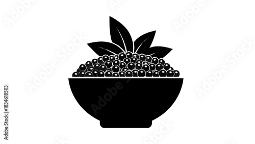 Vector illustration of black silhouette icon of caviar or berries in a bowl with leaf isolated on transparent background