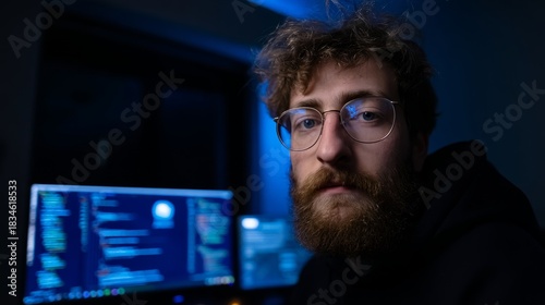 debugging. A focused male programmer in a dark office, illuminated by subtle blue backlight, symbolizing concentration. product launch decks.
