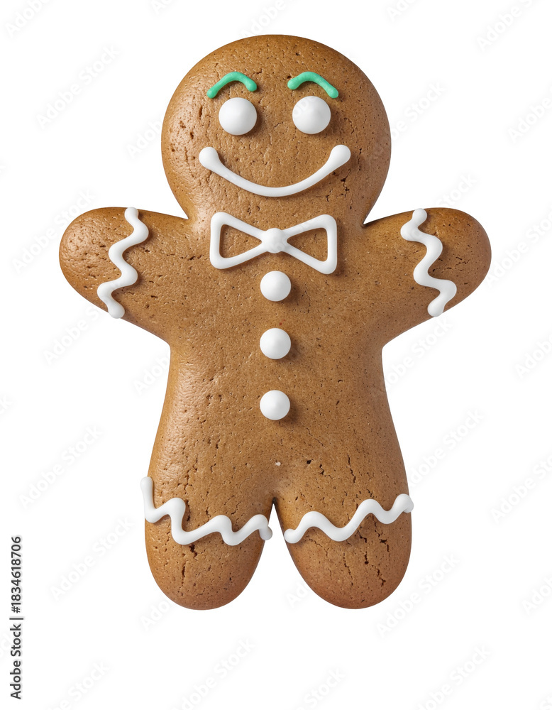 Obraz premium Decoratively Iced Gingerbread Cookie in the Shape of a Cheerful Gingerbread Man on a Transparent Background