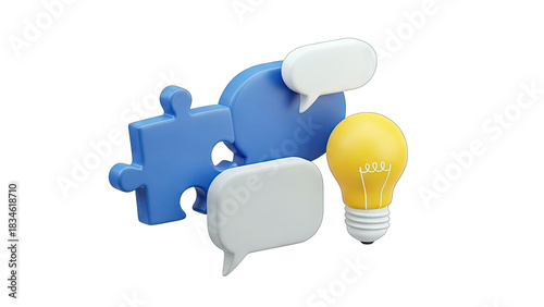 Blue Puzzle Pieces And White Speech Bubbles With Yellow Light Bulb Representing Collaboration And Ideas On A Clean Isolated Background