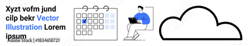 Time management, cloud storage, remote work organization, task planning, digital schedules, online workflow. Calendar with a checkmark, person working on a laptop cloud icon. Time management