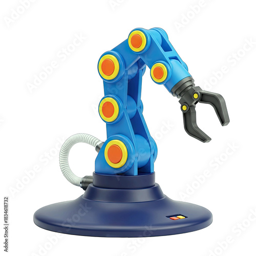 Blue Robotic Arm with Gripper and Orange Accents on a Dark Blue Base Isolated on a Plain White Background Showing Industrial Automation Technology