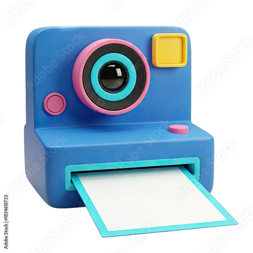 Blue Retro Instant Camera Printing a Blank Photo on a Clean White Background Vivid 3D Render Minimalist Object Photography