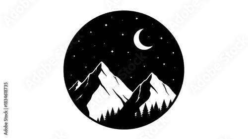 Vector illustration of minimalist black and white mountain night scene inside a circle isolated on transparent background