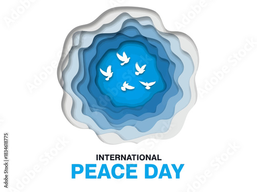 Paper-cut style illustration of flying white doves symbolizing freedom and harmony for International Peace Day, featuring layered clouds and a blue sky theme.