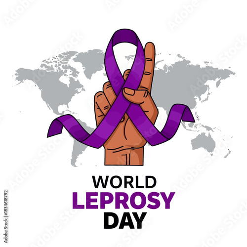 Illustration of a raised hand wrapped with a purple ribbon for World Leprosy Day, symbolizing global awareness, support, and solidarity in fighting leprosy.