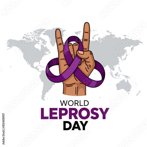 Illustration of a raised hand wrapped with a purple ribbon for World Leprosy Day, symbolizing global awareness, support, and solidarity in fighting leprosy.