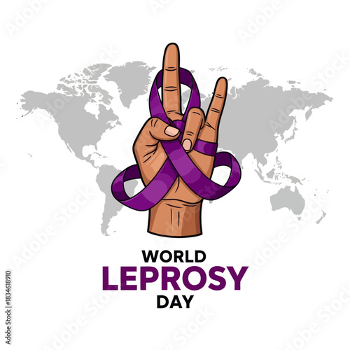 Illustration of a raised hand wrapped with a purple ribbon for World Leprosy Day, symbolizing global awareness, support, and solidarity in fighting leprosy.