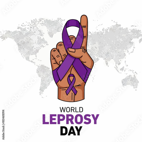 Illustration of a raised hand wrapped with a purple ribbon for World Leprosy Day, symbolizing global awareness, support, and solidarity in fighting leprosy.