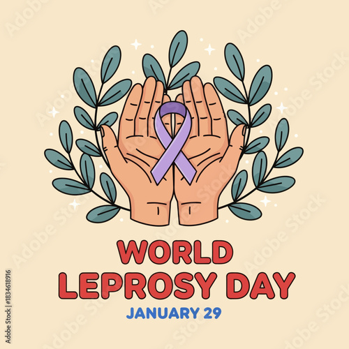 Illustration of hands holding a purple ribbon for World Leprosy Day on January 29, symbolizing awareness, compassion, and global support for leprosy patients.