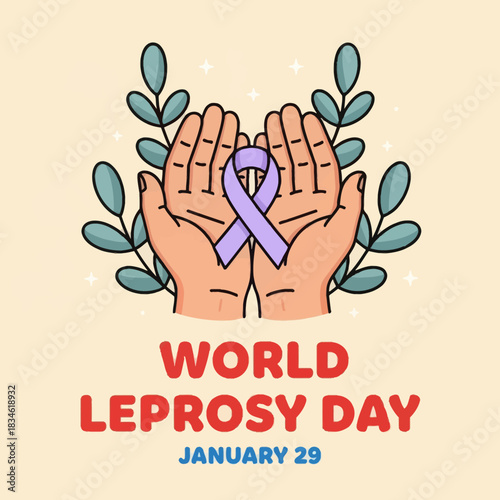Illustration of hands holding a purple ribbon for World Leprosy Day on January 29, symbolizing awareness, compassion, and global support for leprosy patients.